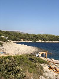 Scenic view of beach against clear blue sky