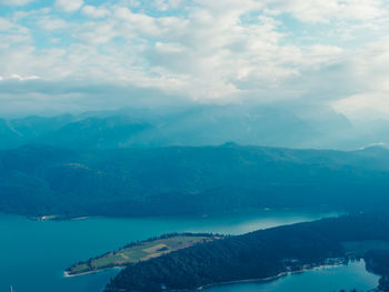 Aerial view of sea against cloudy sky