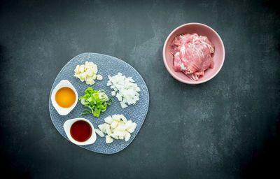 High angle view of breakfast on table