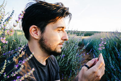 Close-up of man at field