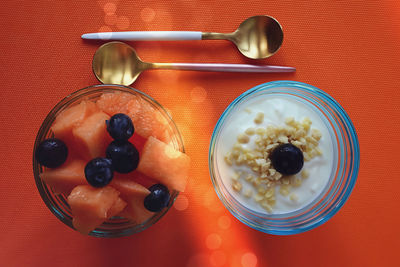 Directly above shot of breakfast served on table