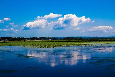 Scenic view of lake against cloudy sky