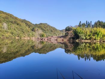 Scenic view of lake against clear blue sky