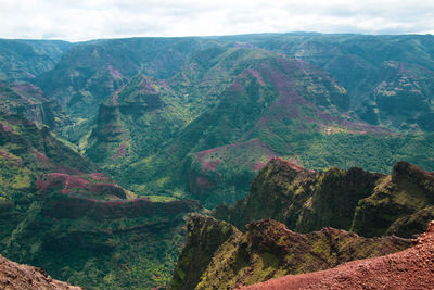 High angle view of mountain range against cloudy sky