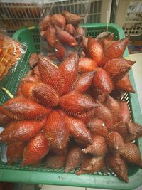 High angle view of strawberries in market