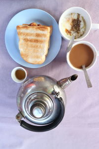 High angle view of breakfast on table