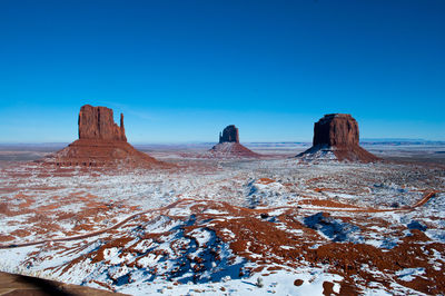 Scenic view of land against clear blue sky during winter