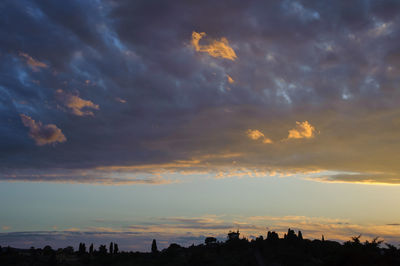 Low angle view of silhouette buildings against dramatic sky