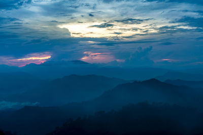 Aerial view of mountains against cloudy sky