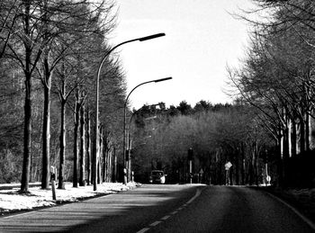 Street amidst bare trees in city against sky