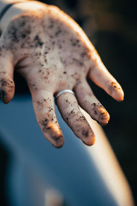 Close-up of human hand holding leaf