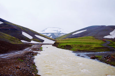 Scenic view of river amidst snowcapped mountains against sky