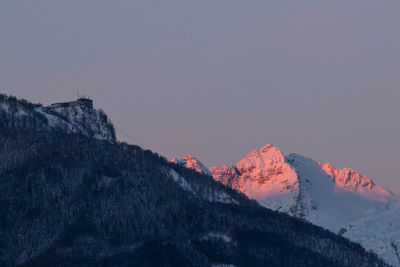 Scenic view of snowcapped mountains against clear sky