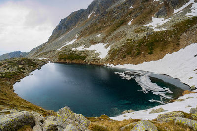 Scenic view of lake and mountains against sky