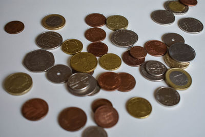 High angle view of coins on table