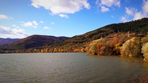 Scenic view of lake by mountains against sky
