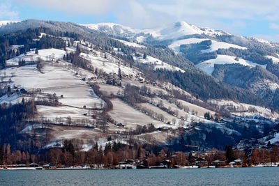 Panoramic view of zell am see winter lake and surrounding alp mountains in austria