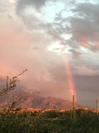 Scenic view of rainbow against sky during sunset