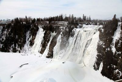 Low angle view of frozen waterfalls against sky