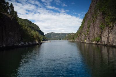 Scenic view of river amidst mountains against sky