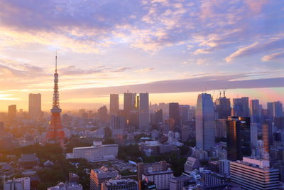 Aerial view of buildings in city during sunset
