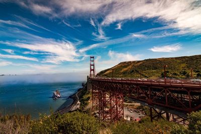 Golden gate bridge by sea against sky