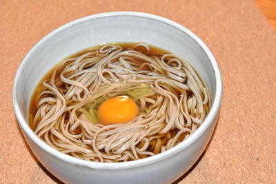 High angle view of noodles in bowl on table