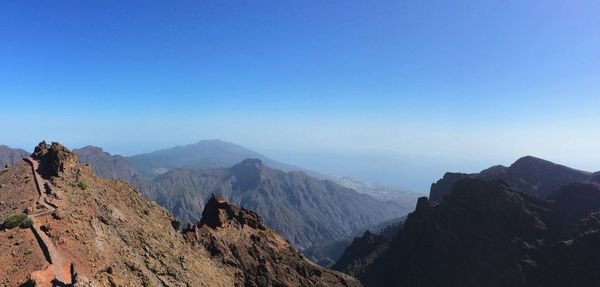 Scenic view of mountains against clear blue sky