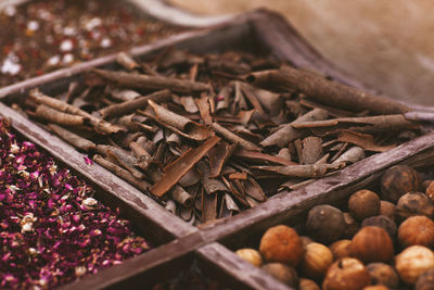 Large selection of different spices on the market, close-up