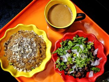 High angle view of breakfast served on table