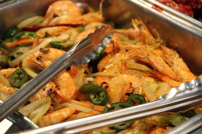 High angle view of seafood in plate on table