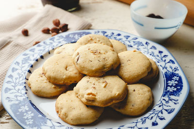 High angle view of cookies in plate on table