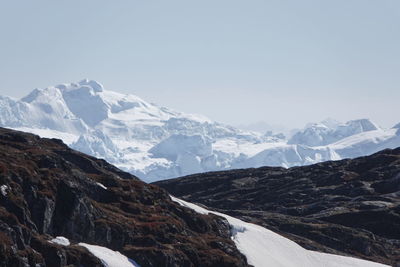 Scenic view of snowcapped mountains against clear sky