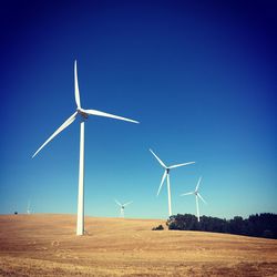 Windmill on field against clear blue sky