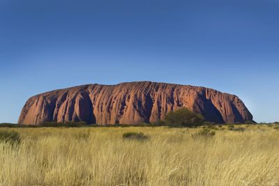 Rock formations on field against clear blue sky