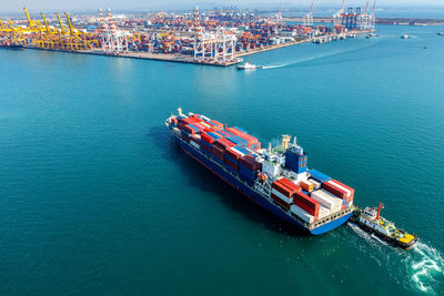 High angle view of boats in sea