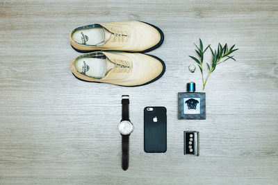 High angle view of objects on table