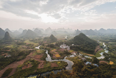 Xingping town with mountains at sunset, guilin, china