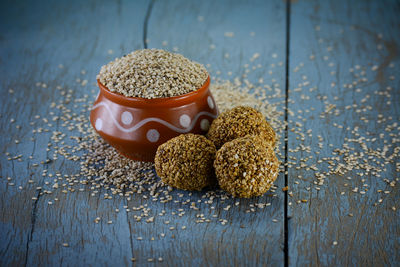 High angle view of bread in container on table