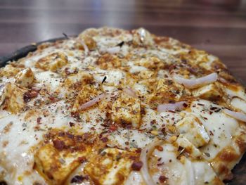 High angle view of pizza on table