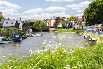 Scenic view of river by buildings against sky