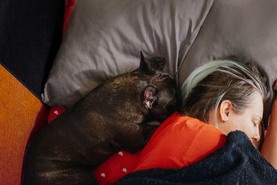 Midsection of a woman and dog sleeping