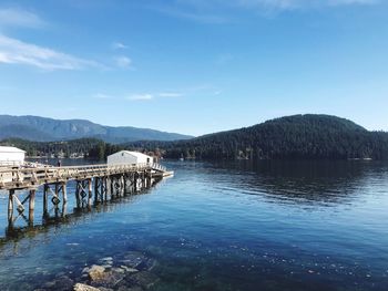 Bridge over lake against blue sky