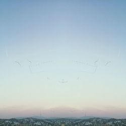 Flock of birds flying against clear sky