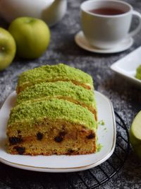 Close -up apple scrumble cake served on table