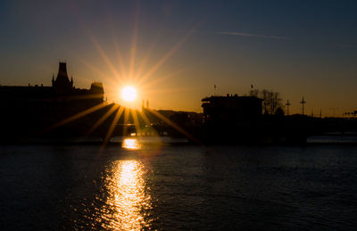 View of city at waterfront during sunset