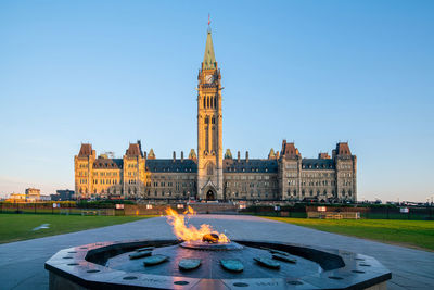 Fire burning in front of historical building against sky