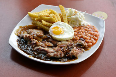 Close-up of fresh meal served in plate on table