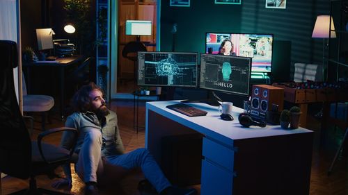 Rear view of woman sitting on table