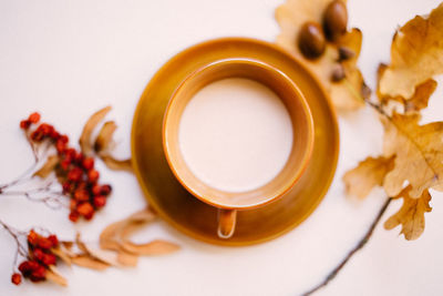 High angle view of tea served on table